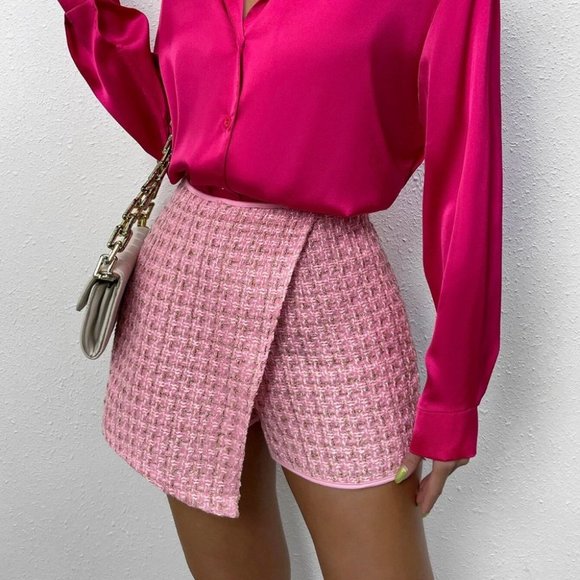 Pink Elegant Plaid Wrap Front Tweed Skort - Picture 5 of 5